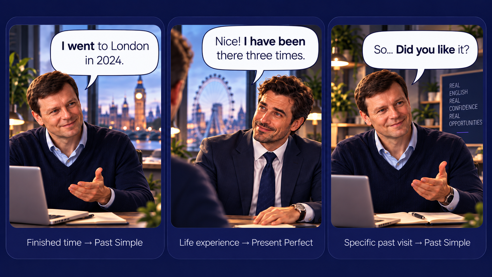 Three-panel grammar comic comparing Past Simple and Present Perfect