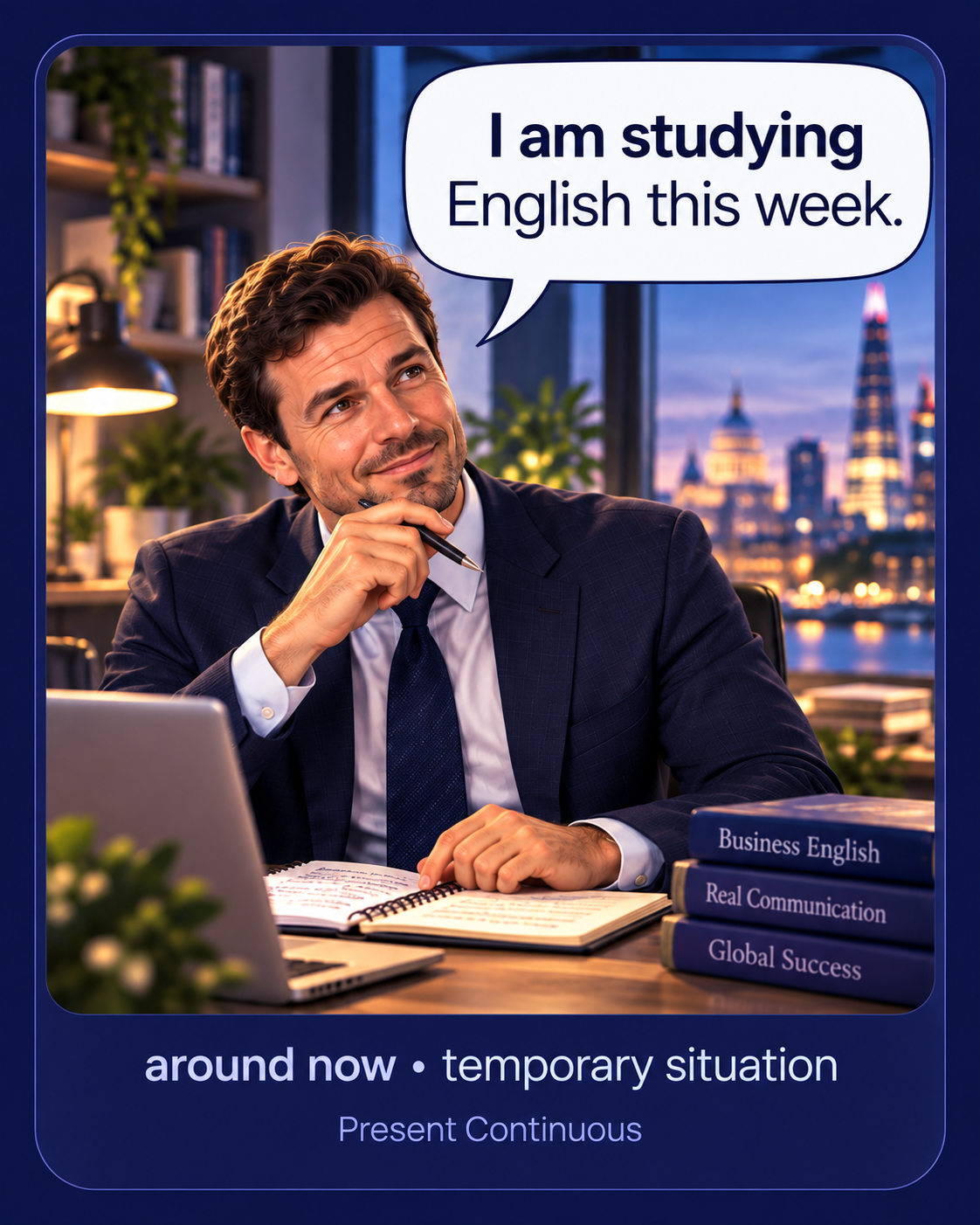 Present Simple card: I work from home on Mondays.